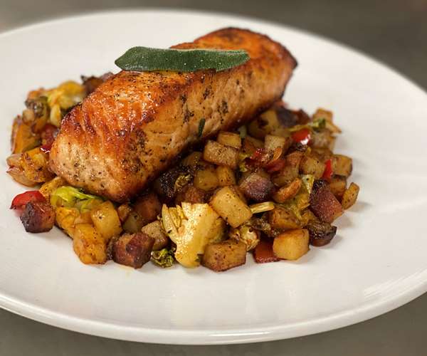 Maple Bourbon Glazed Salmon - Brussels Sprout Hash / Onion / Housemade Bacon / Red Peppers / Yukon Gold Potatoes